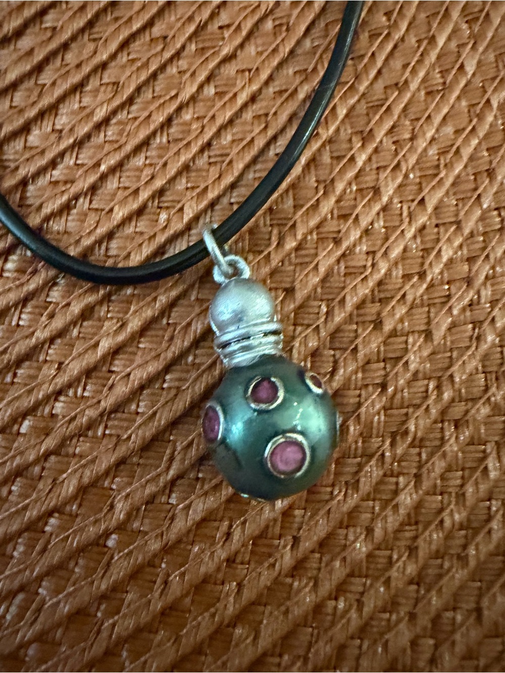 Silver-Tone Green & Pink Pendant Necklace on Black Cord - Picture 2 of 3